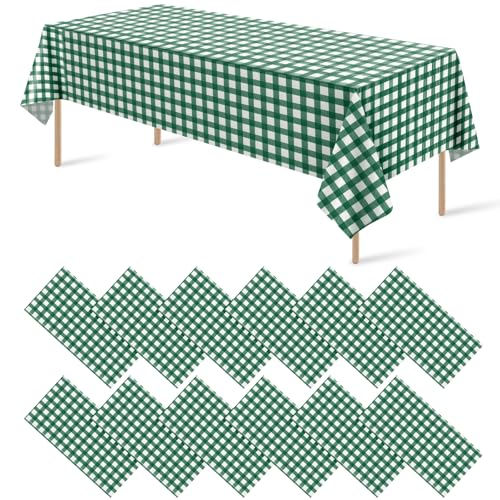 Image of 12Pack Dark Green Plastic Checkered Tablecloth, Premium Decorative Disposable Green Gingham Plaid Table Cloths for Parties, Rectangle Party Table Cover for Picnic Farm Birthday Wedding, 54x108 Inch
