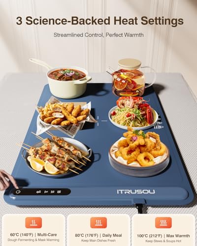 Image of Warming Mat for Food (24 inchx16 inch) - iTRUSOU 3-Year Classic Electric Warming Tray with 3-Level Temp Control, Rapid Heating 250W Energy-Saving - Rollable Large Food Warming Mat for Parties & Buffet
