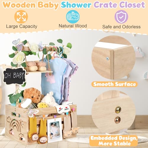 Image of Wooden Baby Shower Crate Closet with Handle, Hangers & Garland, Large Capacity Baby Basket for Baby Shower, Customizable Wooden Crate Box Newborn Parents Welcome Gift (Natural Wood)