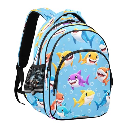 15 Inch Backpack for School Boys Girls, Elementary Kids Backpack, Colorful Cartoon Sharks Blue2