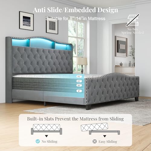 Image of Belffin King Size Bed Frame and Headboard, 50.9 inch Velvet Upholstered Wingback Bedframe with LED Lights & Storage /Charging Station, Button Tufted Tall Footboard, No Box Spring Needed, Noise-Free, Grey