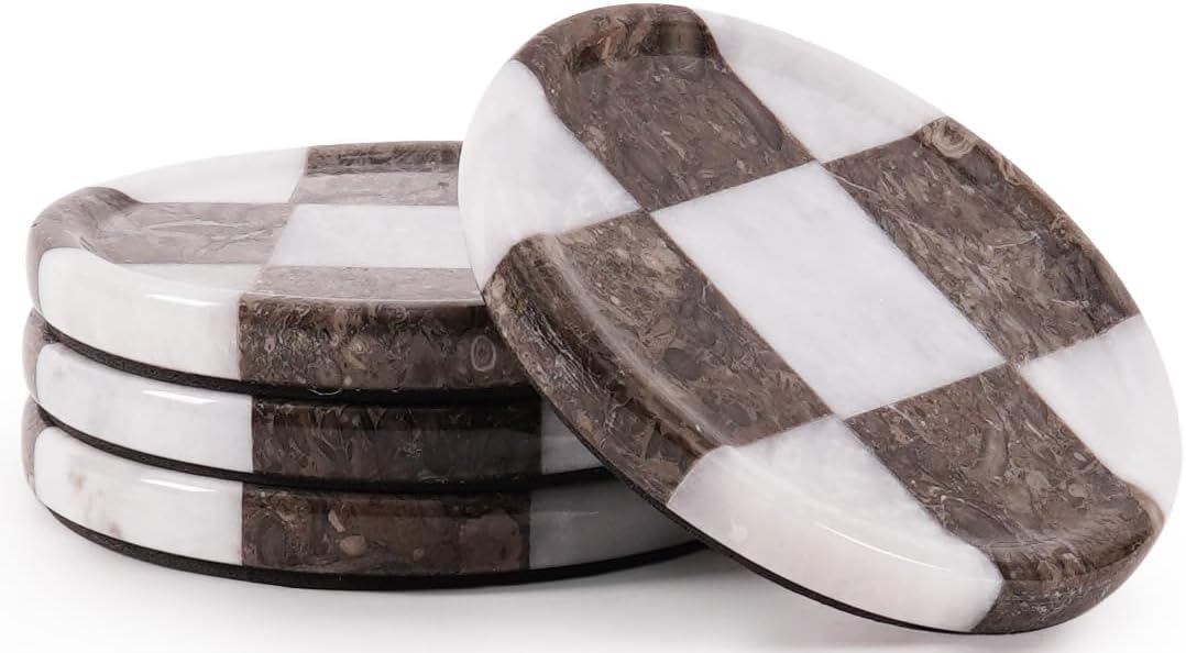 Marble Coasters Set of 4, White and Oceanic Handmade 4 inch Stone Round Coasters, Elegant Table Coaster for Drinks, Durable Kitchen Décor & Home Accessories