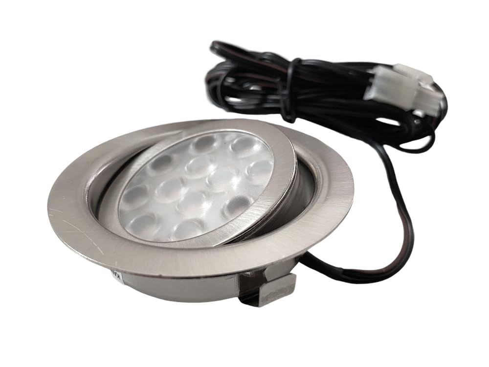 LED Möbel Einbauspots 12V flach 3 x 3W Einbauleuchte Emma 200lm mit Kabel, AMP Stecker, 3200K Warmweiß Lochausschnitt: 64 bis 68mm, Tiefe 22mm, Schwenkbar, IP20, Farbe Edelstahl gebürstet