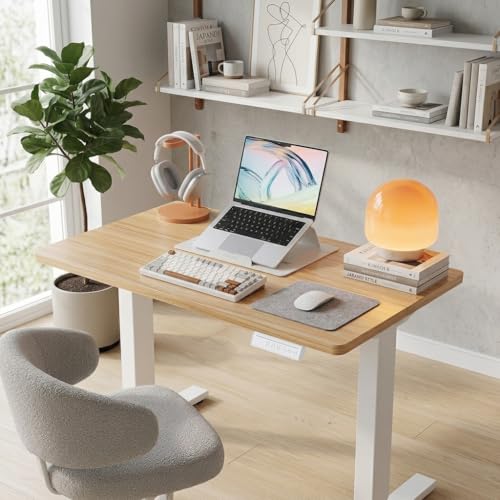 Image of HUANUO 32 inch Small Electric Standing Desk Adjustable Height, 4 Memory Height Settings, Sit Stand Up Desk for Home Office & Computer Workstation, LightWalnut