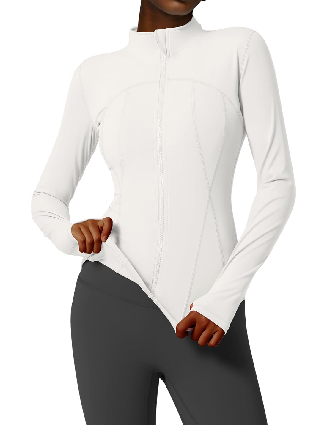 Gacaky Women's Slim Fit Workout Running Track Jackets Full Zip-up Yoga Athletic Jacket with Thumb Holes Style 2 White M
