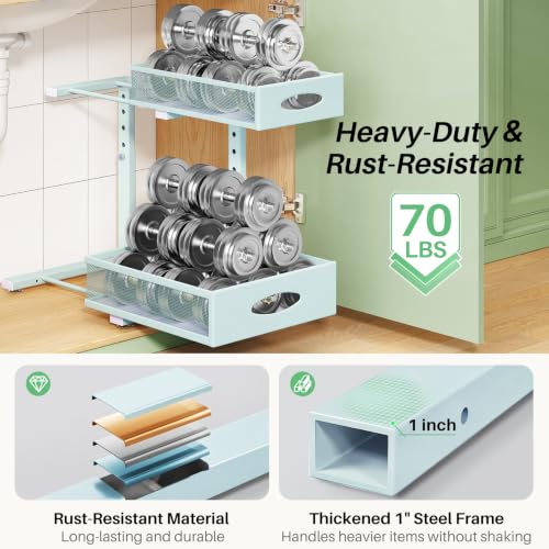 Image of Under Sink Organizer, 1-Pack Pull Out Cabinet Organizer 2 Tier Metal Slide Out Storage Shelf Rack, L-Shaped Adjustable Height,Mesh Sliding Drawer for Kitchen, Bathroom, Laundry, Pantry, Blue, XL