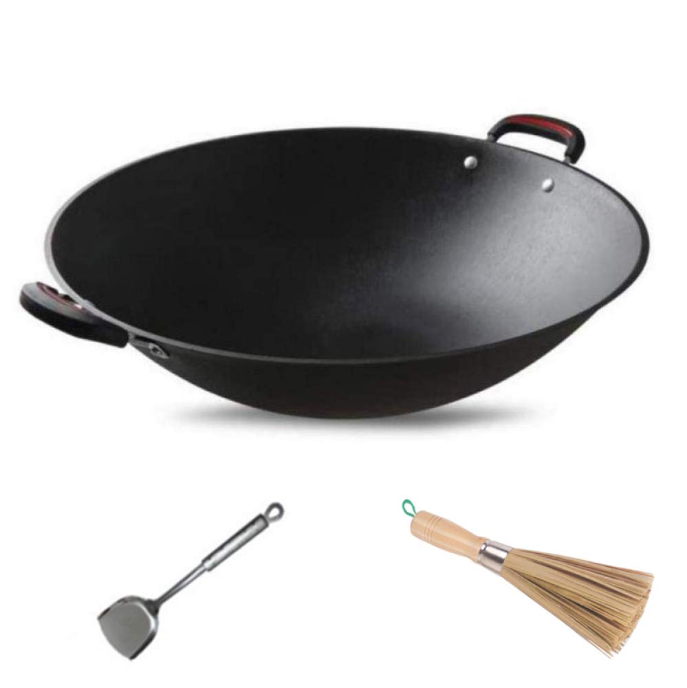 YNIYUJKL Cast Iron Wok Pan, Grilling Wok - Heavy Round Bottom Wok With Pot Brush And Spatula,40Cm,38Cm,46cm