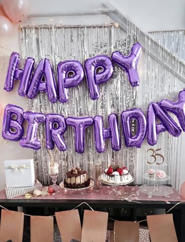 Image of Purple Happy Birthday Balloon Banner, 16 Inch Foil Letter Balloons, Purple Birthday Decorations for Women Girls Teens, Adult Birthday Party Photo Backdrop