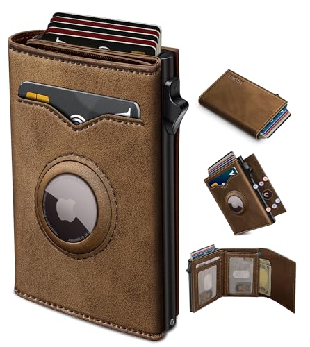 Image of miyozi Airtag Wallet for Men,with Cash Pocket 2 ID Window 9-12 Cards,Metal Case Smart Slim Pop Up Credit Card Holder Flip with Magnetic Closure RFID Blocking Trifold wallet with Gift Box