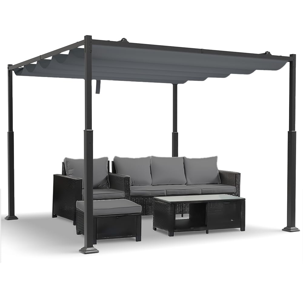 VOUNOT® Cenador Autoportante 3x3m con Techo Retráctil, Pérgola de Jardín con Lona Corredera de Poliéster 180g/m², Estructura Metálica Estable, Diseño Elegante Patio Terraza Exterior Gris Oscuro