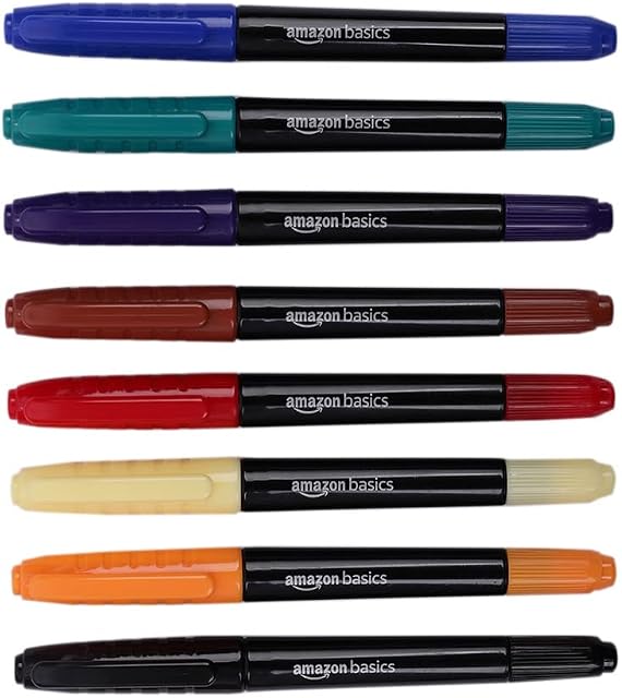 Amazon Basics Dual-Tip Permanent Markers, Bullet Tip and Ultra-Fine Tip, 8-Pack