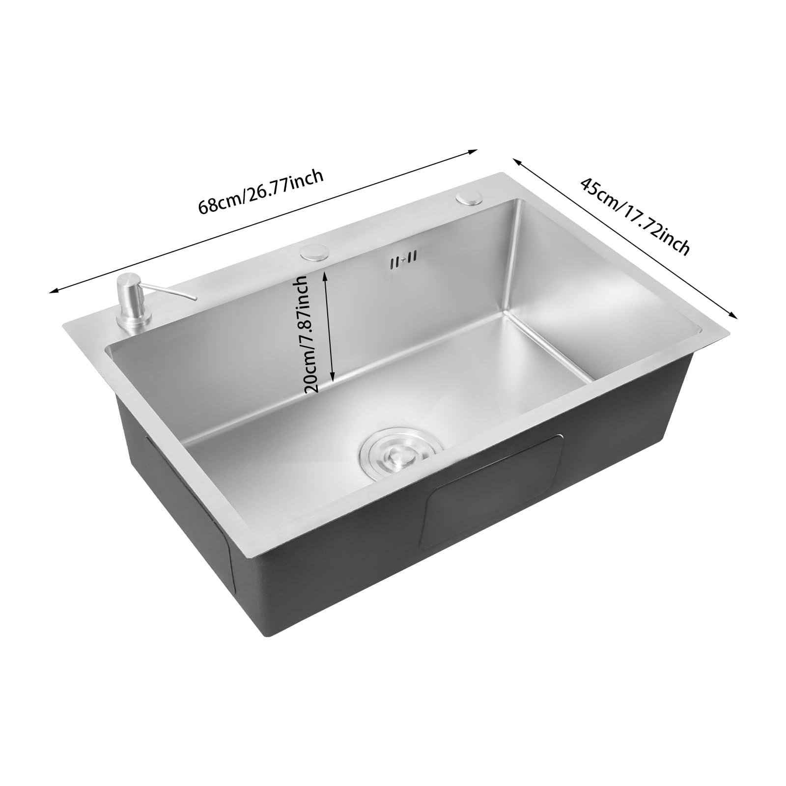 Einschalen Spülbecken Edelstahl +Seifenspender Abtropfkorb Küchenspüle 68 * 45CM mit Abtropffläche, Seifenspender, Unterbau - Silber