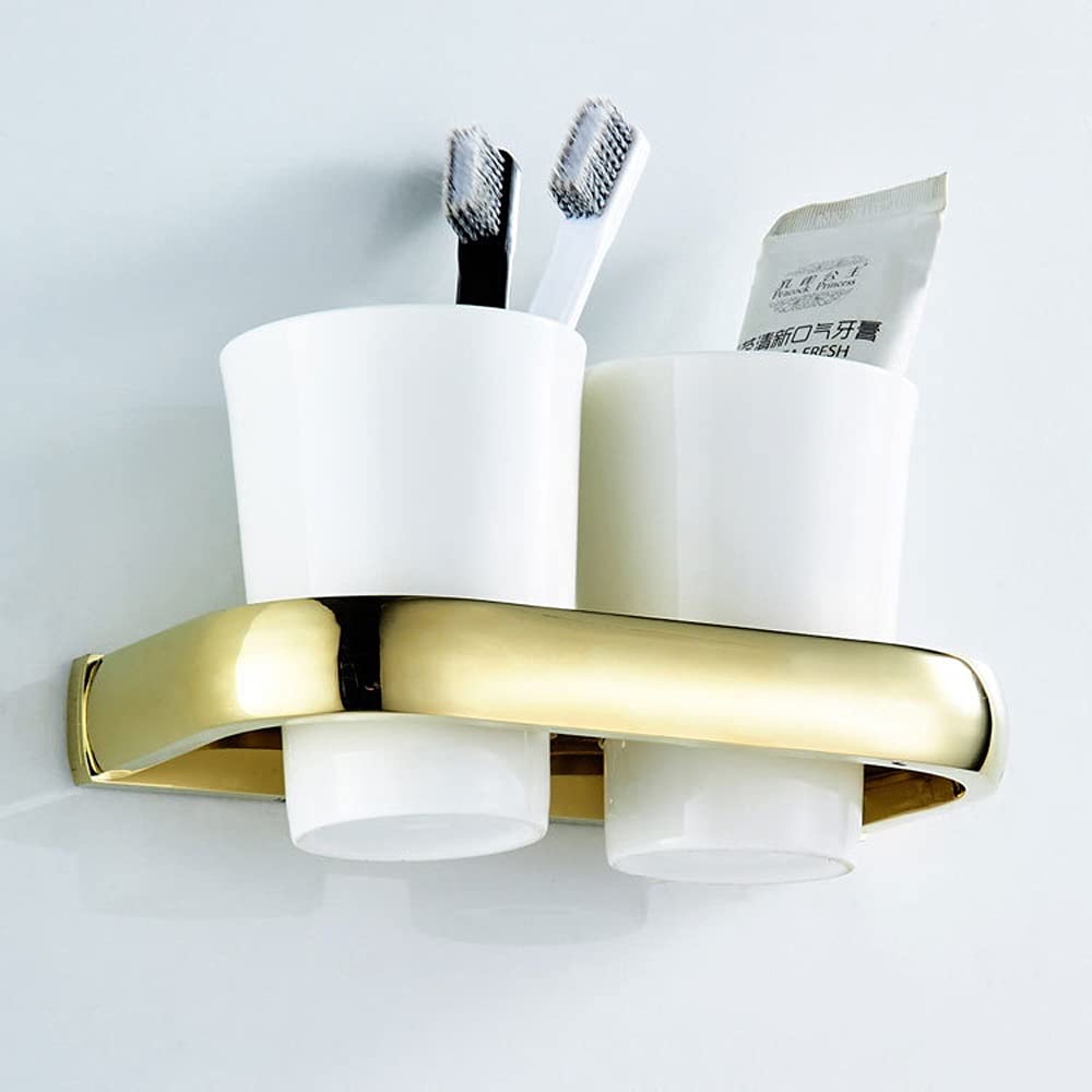 Soportes for cepillos de Dientes Juego de Soporte Doble for cepillos de Dientes Portavasos montado en la Pared con Dos Vasos de cerámica Blanca, Accesorios de baño Dorados