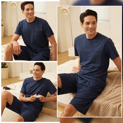 BAMBOO COOL Mens Pajama Set Summer Pjs Sleepwear Short Sleeve Shirts Soft Lightweight Sleep Sets with Pockets S-2XL2