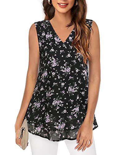 Messic Sleeveless Blouses For Women Fashion 2023, Sleeveless Womens Blouses And Tops Dressy Business Casual Chiffon Tank Tops Elegant Summer Blouse For Work Floral Double Layered Shirts Multi-Black M #TOP1