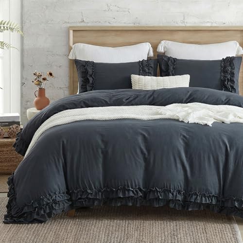 Bedorm Navy Ruffle Duvet Cover Vintage Queen Bedding Set Navy