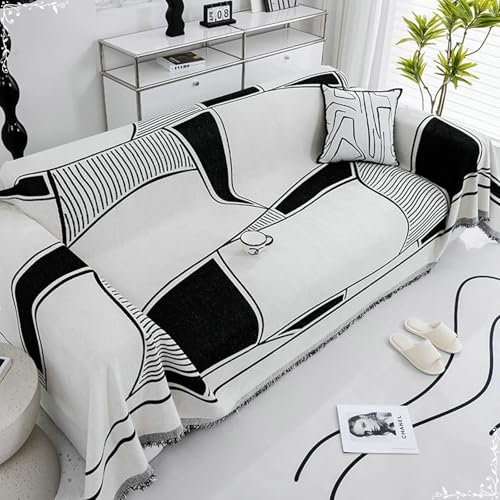 Aotiwe Drap de Canapé, Housse de Canapé 2 Place Blanc Noir Motif Géométrique Chenille 180x230cm