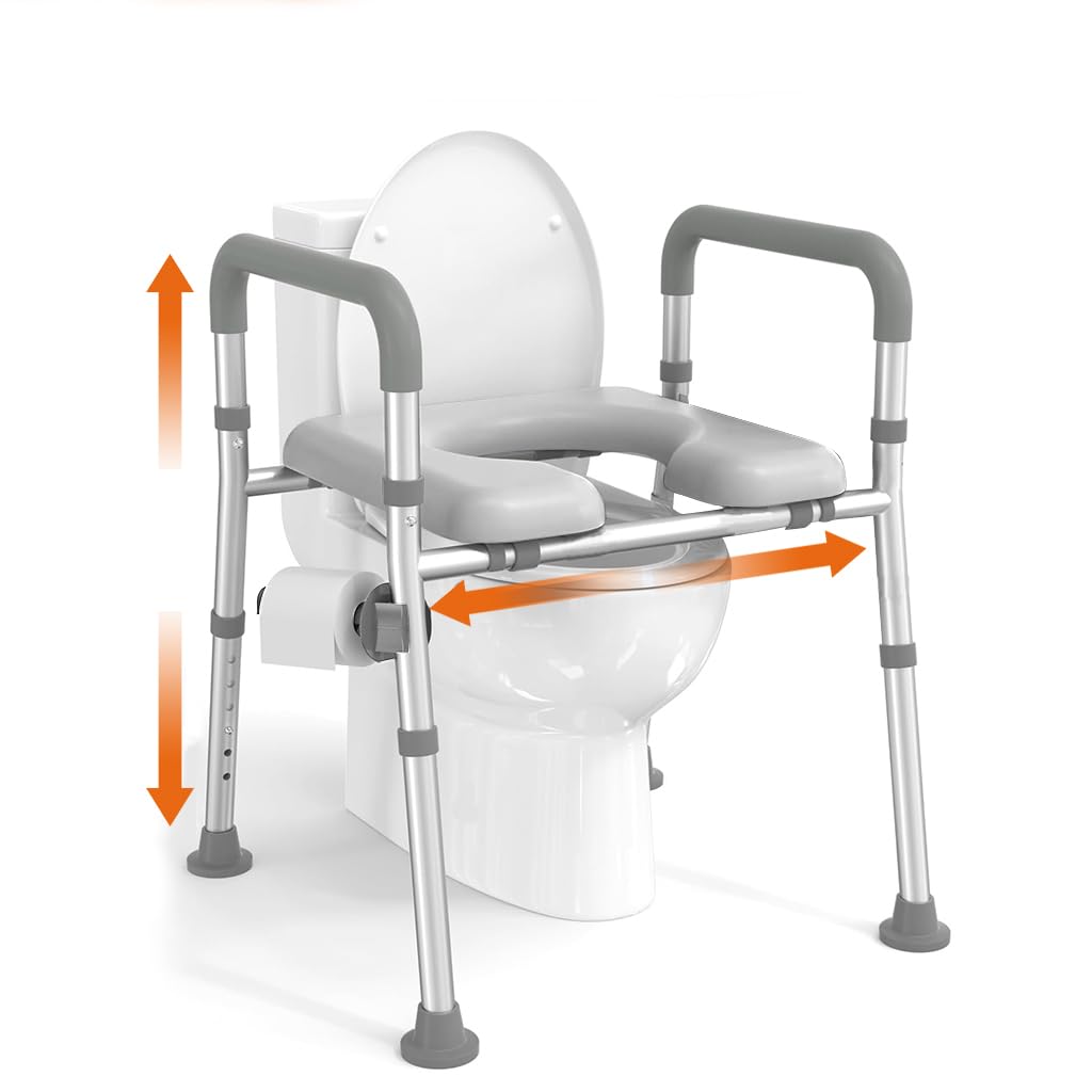 HANNEA® Toilet Seat Riser for Seniors, Rugged Aluminum Alloy Anti-slip Toilet Seat with Handrail Dual Way Adjustable Height and Width Design Universal Toilet Seat Riser with Handrail