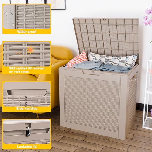 Image of 36 Gallon Outdoor Deck Box,Storage Lockable Waterproof Patio Furniture,Garden Tools,Cushions,Pool Accessories Outside Storage Resin Box(Grey Pattern)
