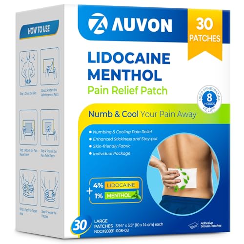 AUVON Max Strength Lidocaine Pain Relief Patches (30 Count) 4% Lidocaine & 1% Menthol Penetrates for Fast Targeted Relief of Back Shoulder Neck & Joint Pain Adhesive Secure Patches Included