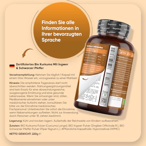 Bio Kurkuma Kapseln - 365 Turmeric Capsules - 1 Jahr Vorrat - Curcuma Pulver mit Ingwer & Schwarzer Pfeffer - Vegan - Bio Zertifiziert - Alternative zu Curcuma Extraxt - Laktosefrei - WeightWorld