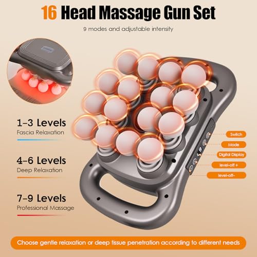 2026 Electric Back Massage Gun, Cordless Hands-Free 16-Head Deep Tissue Massager, Rechargeable 2600mAh Dual Handle Massage Tool with 9 Modes & Levels for Body Muscle Pain Relief - Image 6