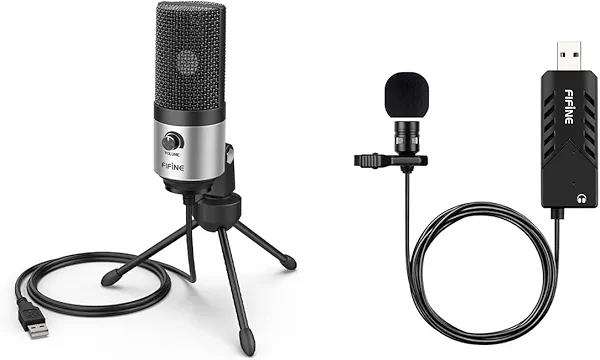 FIFINE External Mic for Laptop and Lavalier Microphone, USB Condenser Desktop Mic with Gain Control,Lapel Microphone for Zoom Video Meeting Online Class on PC Computer Windows/Mac (K669S+K053)