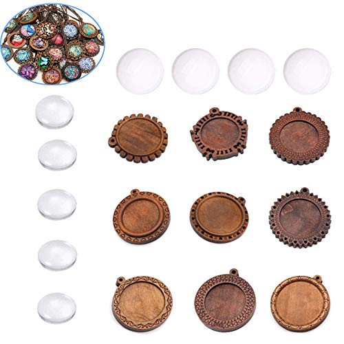 18Pcs Basi Ciondoli in Legno Ciondolo Vassoio Basi per Cabochon Pendenti con Vetro Cabochon Retro Vetro Cupola Set Fai da Te Souvenir Dild Medaglione Collana Regalo Gioielli Produzione