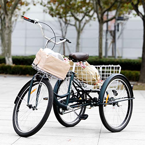 3-Wheeled Adult Tricycle with Removable Basket, 26\" Wheels Trike for Men and Women, Single Speed Cruise Bike, Exercise Bike for Recreation and Shopping, Water-Proof Bag and Bicycle Bell - Thumbnail 3