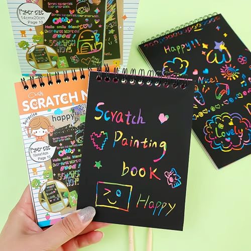 Image of GLUN Scratch Notebook with 3 Wooden Sticks, Scratch & Visible Magical Rainbow Colour, Educational Books for Growing Kids, Kids Birthday Return Gifts Pack 3