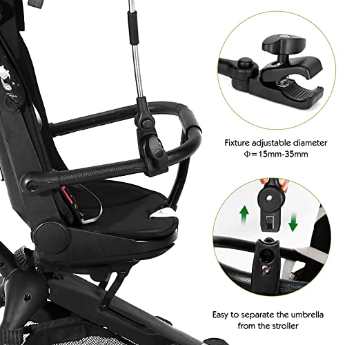 Aiseeok Universal Sonnenschirm Kinderwagen, UV Schutz 50+ für Kinderwagen & Buggy, 78cm Durchmesser, Universalhalterung für Rund- und Ovalrohre, mit Gerader Schirmgriff, Biegsam Einstellbar, Schwarz
