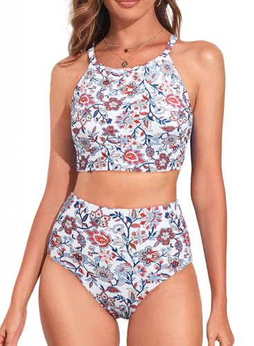 Image of Herseas Women's Bikini Sets High Neck Tropical Leaf Print High Waisted Two Pieces Swimsuits Bathing Suits