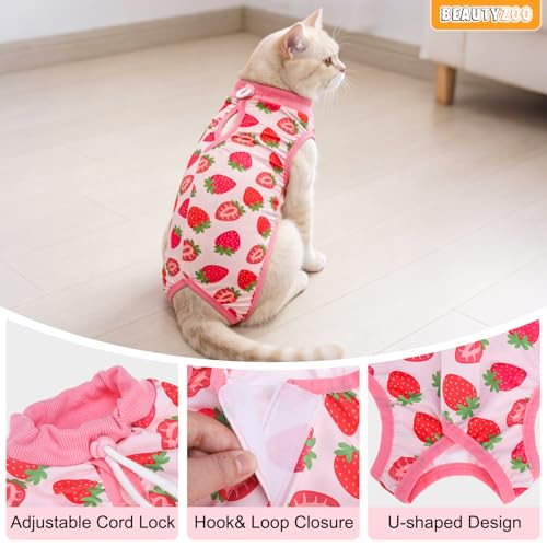 Image of BEAUTYZOO Cat Surgery Recovery Suit, Female Spay, Male Neuter, 2 Pack | Onesie for Cats After Surgery, Anti Licking Wounds, Cone of Shame Alternative, Surgical Recovery Anxiety Vest, Strawberry M