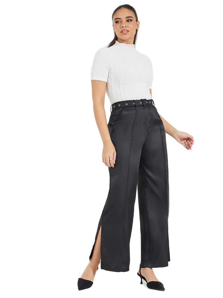 High Rise Belted Pants with Side Slit Womens Pants Black XL