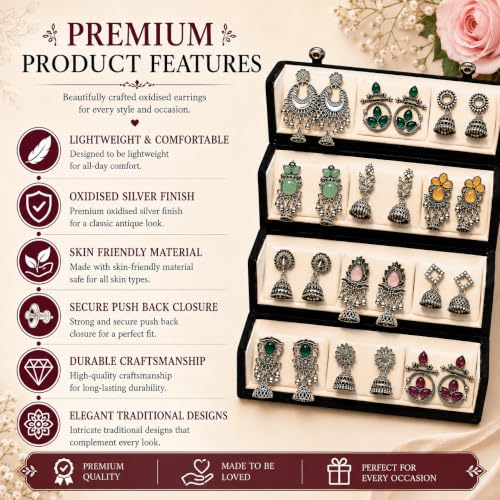 Image of Oxidised Silver Plated Earrings Combo Set With Box for Women & Girls | 12 Pair Traditional Jhumka Chandbali Stone Studded Boho Ethnic Earrings Collection | Daily Wear Party Wedding Jewellery