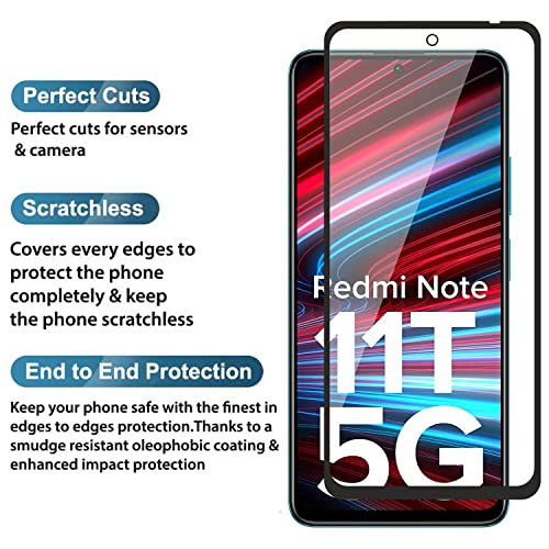 Image of Tempered Glass Screen Protector Compatible for Redmi Note 11T 5G with Edge to Edge Coverage and Easy Installation Kit, Pack of 1, Black