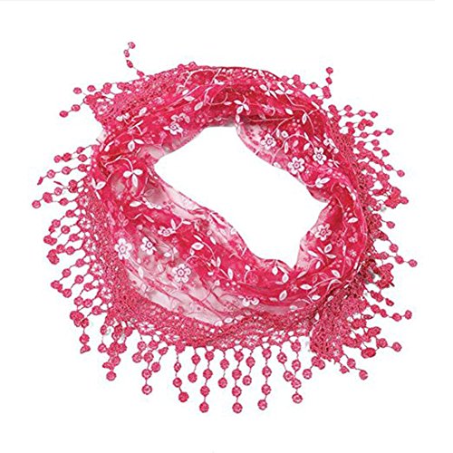 Gilroy Women Hollow Tassel Lace Floral Knit Triangle Mantilla Scarf Shawl - Rose-Red3