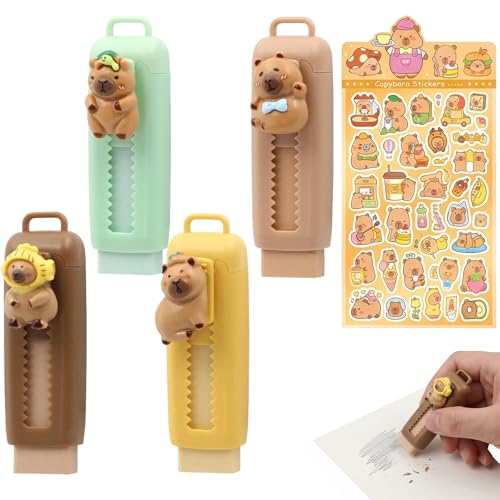 4 Piezas Gomas de Borrar Capybara con Pegatinas, Gomas de Borrar Divertidas para Niños y Estudiantes, Set de Papelería Kawaii en 4 Colores para Corrección de Escritura, Escuela y Oficina