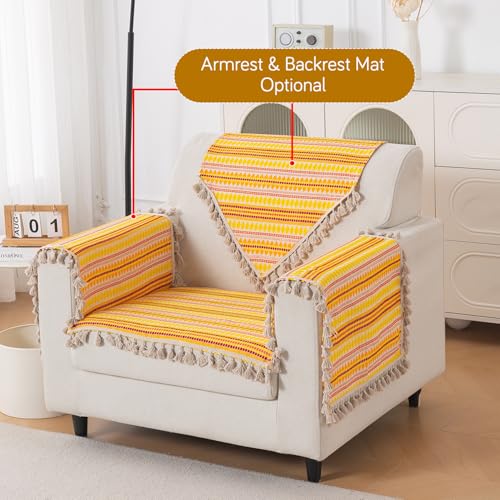 Image of HOKIPO 'Artisan Boho Series' Sofa Cover Mat with Tassel for 1 Seater Sofa | 450 GSM Thick Cotton Acrylic Jacquard Fabric, Mustard Yellow (IN-901-A1*S)