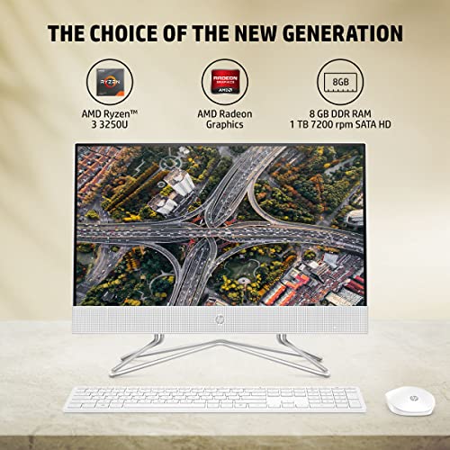 Image of HP All-in-One AMD Ryzen 3 3250U-21.5 inch(54.61cm) FHD, Micro-Edge, Anti-Glare Display /8GB RAM /1TB HDD /Win 11 /Wireless Keyboard & Mouse /AMD Radeon Graphics /720p HD Camera /MSO 2021 /White, 22-dd0302in