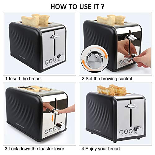 Vestaware 2 Slice Toaster, Extra Wide Slot Bread Bagel Toaster 2 Slice - Bagel/Defrost/Cancel Function, 6 Bread Shade Kitchen Toaster with Removable Crumb Tray for Bread Waffles, Stainless Steel