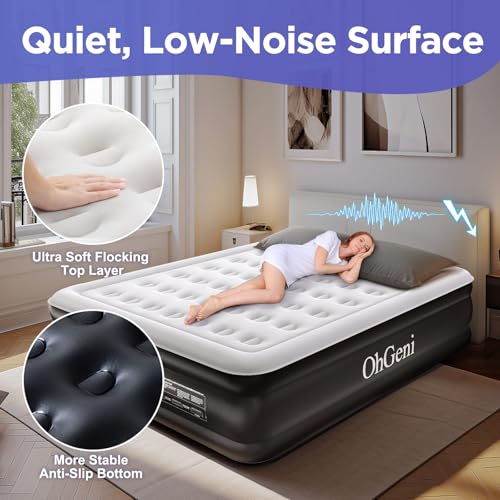 OhGeni Cal King Air Mattress with Built-in Pump for Guest, 18" Tall Inflatable Blow Up Air Bed with Carrying Bag for Camping, Raised Elevated High Airbed, Foldable & Portable Colchon inflables, Black