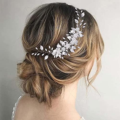 Gorais Flower Bride Wedding Hair Vine Silver Leaf Bridal Hair Piece Pearl Hair Accessories for Women and Girls