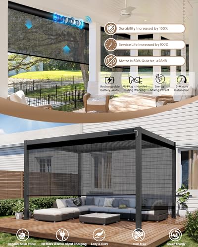 Image of Kincmo Motorized Outdoor Shades for Patio Porch, Custom Outdoor Motorized Blinds with Remote, Waterproof & Windproof Patio Shades Work with Apple Home,Alexa,Google (Texture Dark Grey-5% Openness)