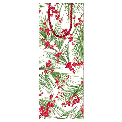 Caspari Berries and Pine Wine & Bottle Gift Bag in White - 1 Each