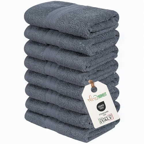nice homeit Juego de 8 Toallas de Cara e Invitados de algodón 35 x 55 de 100% algodón Hilado en Anillo – Juego de Toallas de baño Extra Suaves y absorbentes. Fabricado en Italia – Gris Oscuro