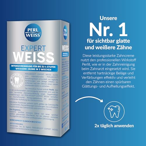 PERLWEISS Expert Weiss Zahncreme – Bis zu 4 Stufen weißere Zähne in 3 Wochen – Zahnpasta für weiße Zähne wie beim Zahnarzt – zahnschmelzschonende Zahnaufhellung & Glanzpflege mit Perlit