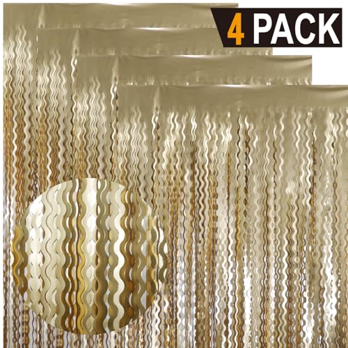 Image of GOER Metallic Tinsel Foil Fringe Curtains Party Photo Backdrop Party Streamers for Birthday,Graduation,New Year Eve Decorations Wedding Decor (Champagne Gold,4 Packs)