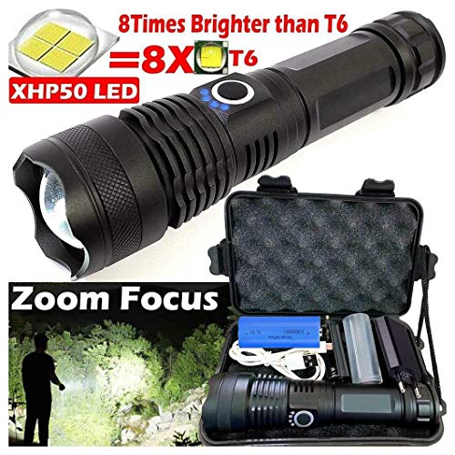 Fulltime Leistungsstarke 20W 900000 Lumen XHP50 Zoom-Taschenlampe, Aluminiumgehäuse (robust und schlagfest), 5 Modi (1x Taschenlampe + 18650 Batterie + EU-Stecker + US)