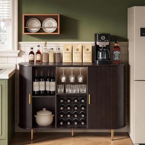 Image of DHH 55 inch Wine Bar Cabinet with Storage, Fluted Liquor & Coffee Bar Cabinet with Wine Rack and Glass Holder, Buffet Sideboard with LED Lights for Home Kitchen Living Dining Room (Dark Walnut)